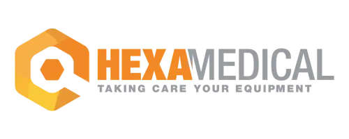 logo empresa hexamedical em laranja e cinza