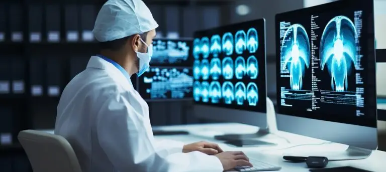 Um médico radiologista, usando um gorro e máscara cirúrgica, está sentado em uma sala escura diante de dois grandes monitores de computador que exibem imagens detalhadas de ressonâncias magnéticas do cérebro humano.