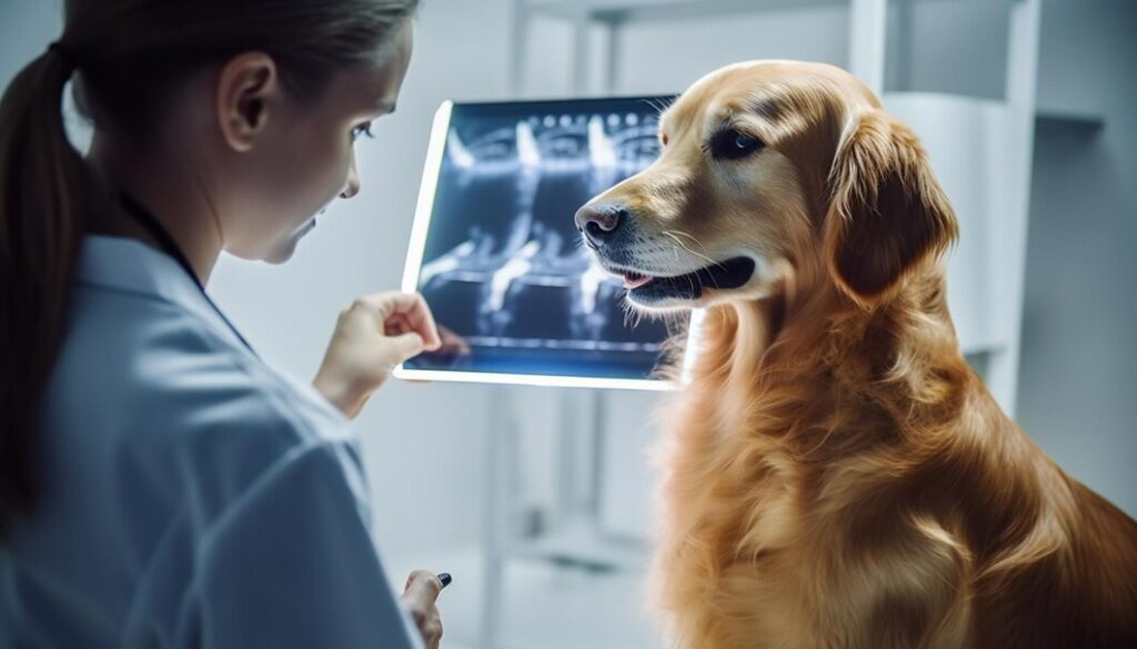 A imagem mostra uma veterinária examinando uma radiografia no consultório, com a presença de um cão da raça Golden Retriever. A veterinária, uma mulher com cabelo preso e vestindo jaleco, segura uma radiografia digital à frente do cão.