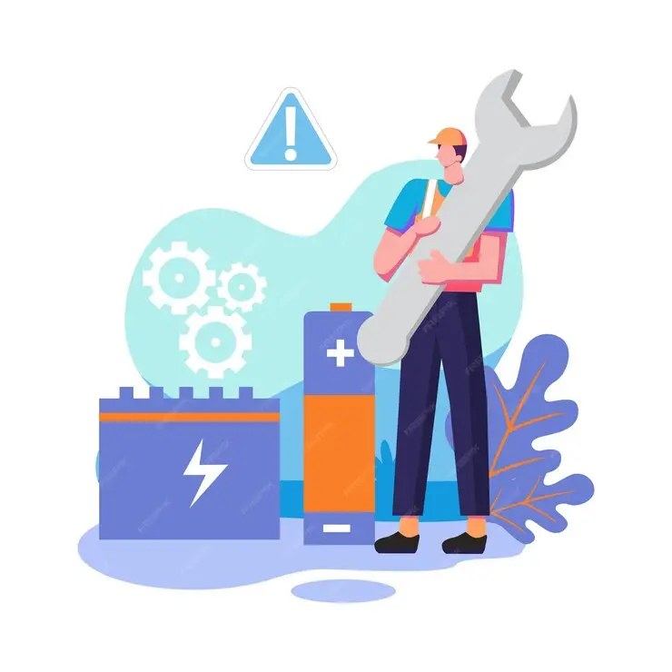A ilustração mostra um técnico em manutenção segurando uma grande chave inglesa. Ele está ao lado de uma bateria grande e um ícone de bateria menor, ambos representando componentes elétricos.