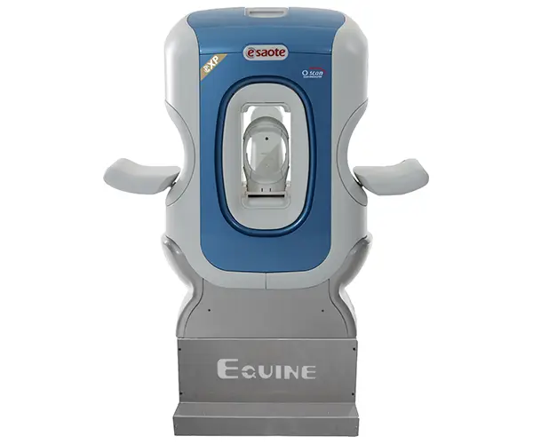 A imagem exibe um equipamento de ressonância magnética Esaote modelo O-scan Equine, especificamente projetado para uso veterinário.