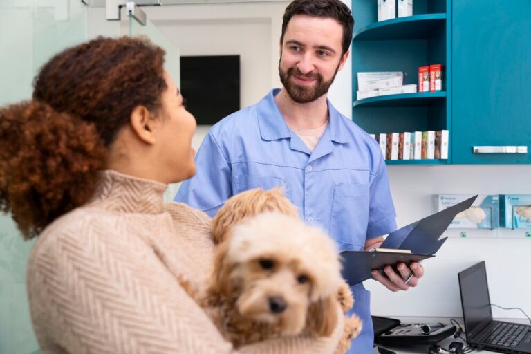 A imagem retrata uma cena em uma clínica veterinária, onde uma mulher afrodescendente segura seu cão de pequeno porte enquanto conversa com um veterinário.